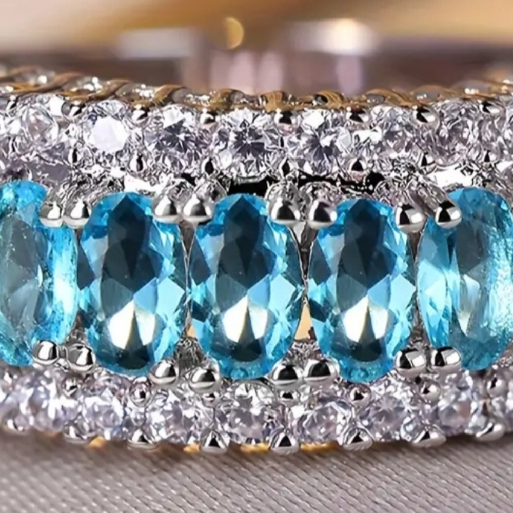 Blue Glam Ring/ Multi- Row Statement Band/ Crystal Fashion Jewelry Size 8